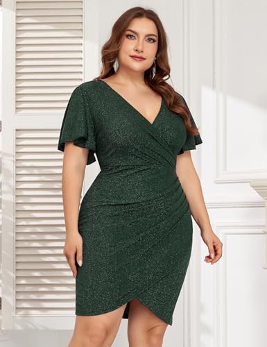 Image of ZOMVA Plus Size 0X-4X Sparkly Glitter Ruched Bodycon Mini Dress Sparkle Sequin Wrap Ruffle Sleeve Dress Cocktail Party Formal