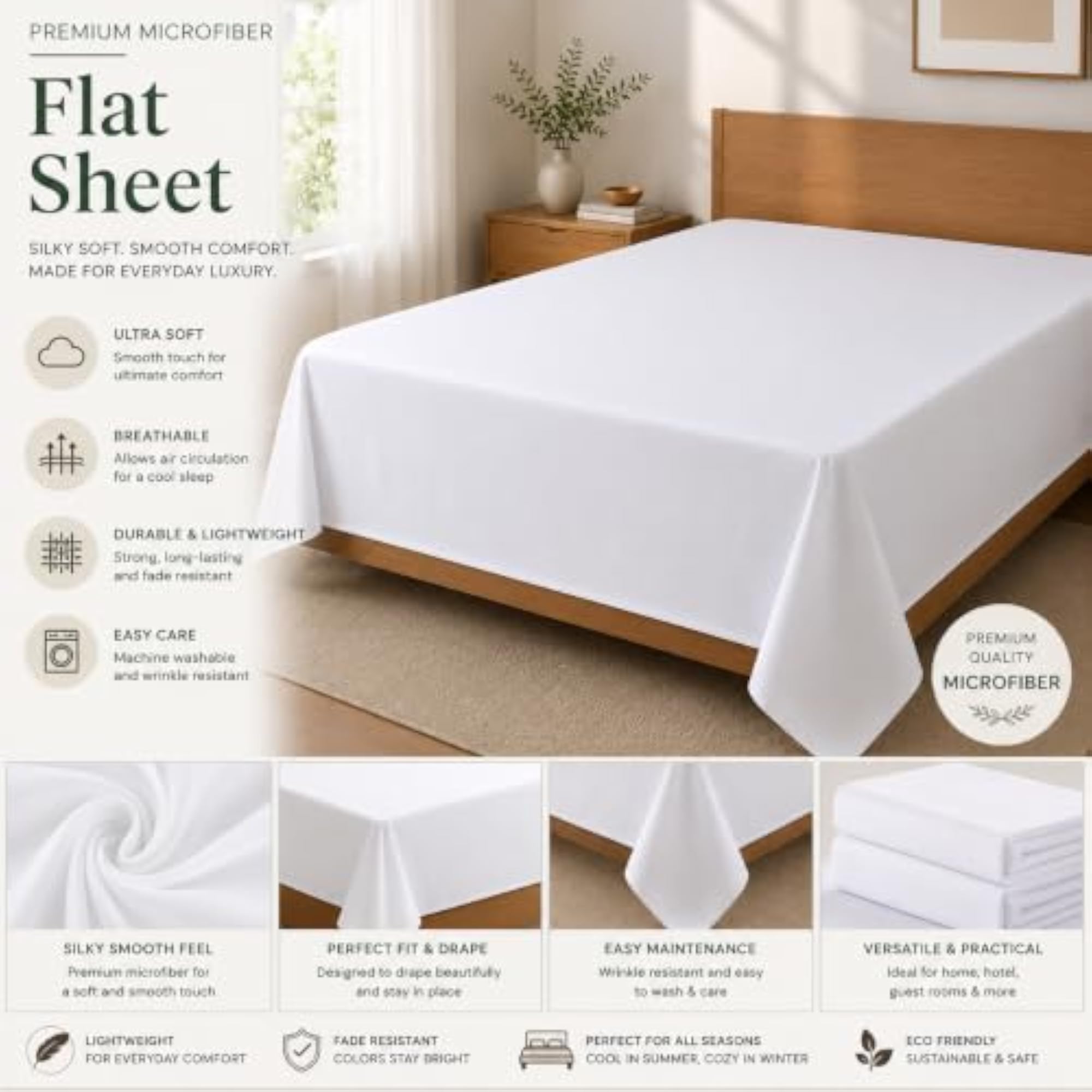 Microfiber Flat Bed Sheet, Ultra Soft & Wrinkle Resistant