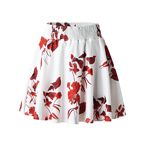 Aniywn Womenâ€™s Pleated Skirt Mini Skater Basic Skirt Casual High Waist Solid Color Floral Print A Line Flared Skirt for Girls White