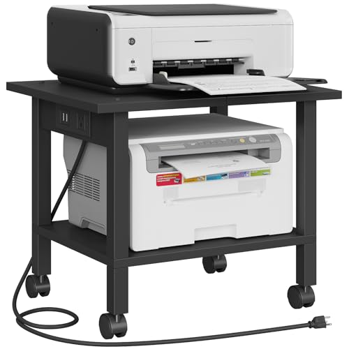 TUTOTAK 2 Tier Printer Stand, Rolling Printer Cart with Power Outlets and USB Ports, Mobile Printer Table with Wheels, for Under Desk, Office, Home, Black PS01BK001P