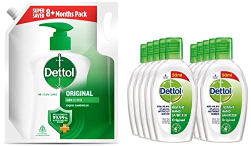 Image of Dettol Original Germ Protection Alcohol based Hand Sanitizer, 50ml, Pack of 10 & Liquid Handwash Refill - Original Germ Protection Hand Wash- 1500ml | Antibacterial Formula |10x Better Germ Protection