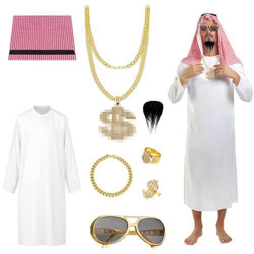 Coffee Life Plus Disfraz Jeque Arabe para Adulto,Disfraz Arabe Hombre,Conjunto Arabian Costume,Anillo, Collares, Barba, Pulsera, Gafas de sol, para Carnaval de Cosplay de Halloween (L)