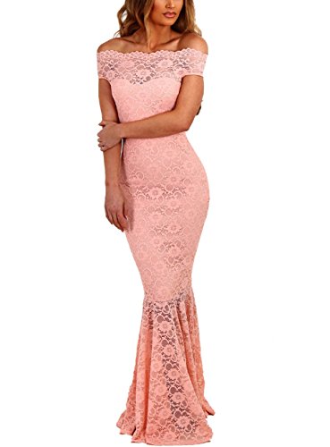 Z-one Damen 1950er Retro Fishtail Büro Cocktail Kleid Meerjungfrau Aus Schulter Spitze Maxi Kleider (XL, Pink)