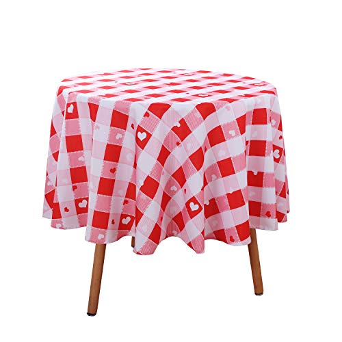 SARAFLORA Valentine\'s Day Checkered Fabric Round Table Cloth, Polyester Heart Pattern Tablecloth, Table Cover Protector for Holiday, Party, Wedding, Banquet Decoration Use, 60 Inch, Red & White