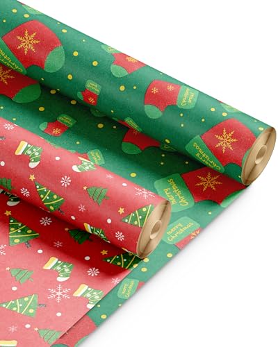 Kraft & Co 2 Pack Christmas Wrapping Paper Roll - Festive Designed Recyclable Kraft Paper, Perfect for Holiday Gifts, Arts & Crafts-Wrapping for a Merry Christmas (44.5cm x 25m)