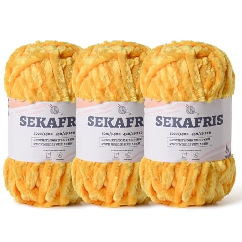Image of Fuzzy Chunky Chenille Yarn for Crocheting,Soft Plush Yarns for Hand Knitting,Bulky 3x100g(3x49.2 yd) Baby Blanket Yarn for Crocheting Amigurumi,Crochet Fluffy Velvet Yarns (3 Golden Yellow)