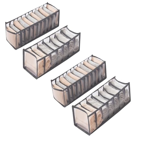 4 Pcs Sock Drawer Organiser Underwear Drawer Organiser Foldable Clothes Drawer Organisers for Sock Underwear Panties Belts Neck Ties and Handkerchiefs 11 Grids+7 Grids (Grey)