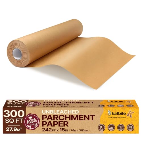 Katbite 15in x 242ft 300 Sq.Ft Unbleached Parchment Paper Roll for Baking Parchment Baking Paper with Serrated Cutter Non-stick Longer Parchment Roll for Cooking Air Fryer Steaming Bread