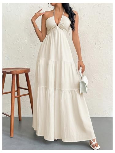 Image of SHENHE Women's Deep V Neck Tie Knot Backless Halter Dress A Line Flowy Ruffle Maxi Dress