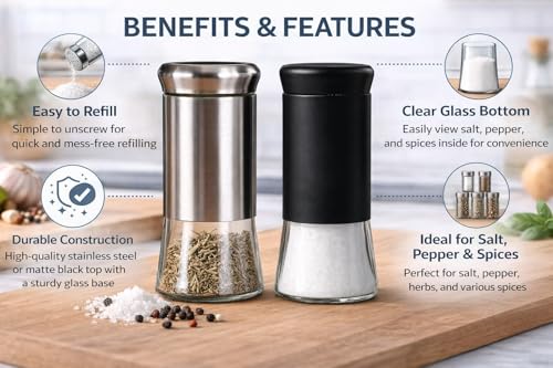 Image of Salt and Pepper Shakers Set, Stainless Steel Salt and Pepper Sprinkler for Restaurant with Glass Bottom, Spice Dispenser Ideal for Himalayan, Kosher, Black and White Pepper (Black + Silver)