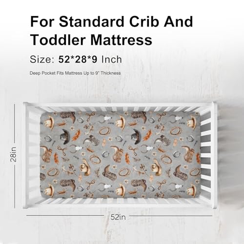 Image of Cowboy Life Baby Crib Sheets for Boy Girl 52 inchx28 inch Retro Cowboy Hats Boots Horse Cow Skull Soft Breathable Crib Mattress Covers Country Western Baby Sheet for Standard Crib and Toddler Bed Mattresses