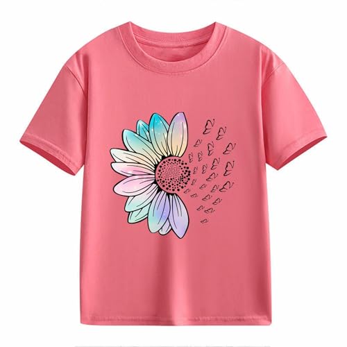 Girls Loose Fit Sunflower Graphic T Shirts Short Sleeve Crewneck Cute Pattern Printed Tops Kids (A-Pink, 6-7 Years)2