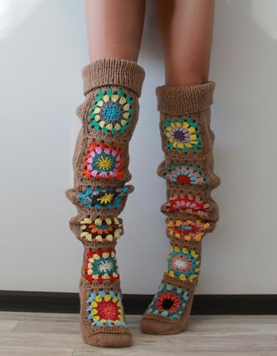 Image of Leoparts Crochet Thigh High Socks Granny Square Over Knee High Retro Knitted Stocking Colorful Leg Warmers