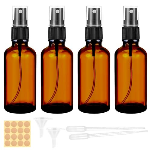 50ml mber Glass Spray Bottle, 4pcs Empty Fine Mist Spray Bottle, Refillable Brown Glass Spray Bottle with Dropper, Funnels, Label for Cleaning, Aromatherapy, Perfume, Hair, Cosmetic Travel Sprays