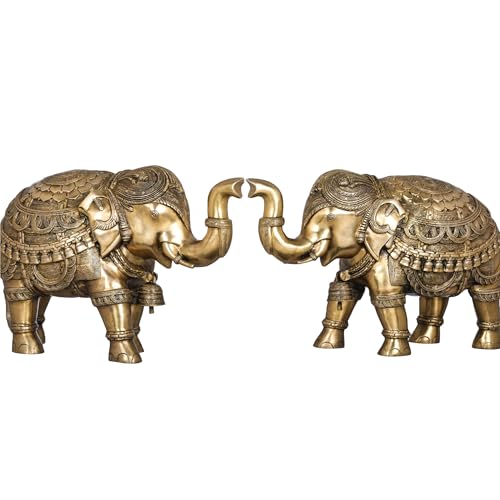 Image of Majestic Pair of Ornate Brass Elephants | Traditional Pure Brass Large Elephant Statue Set | Royal Decorative Showpiece for Home Entrance Lobby Decor | Height 14.5 Inches
