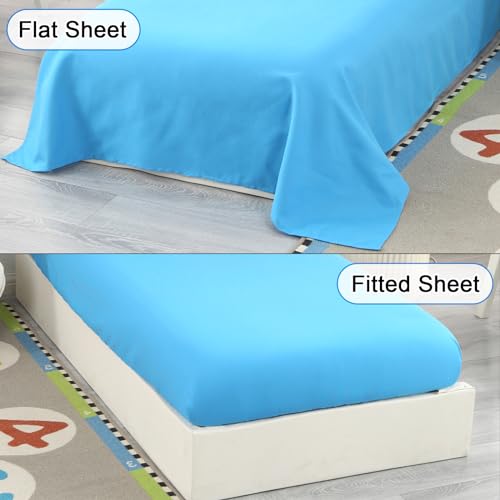 Image of Toddler Bedding Set Car, 4 Piece Toddler Bedding Set for Boys, Includes Car Toddler Bed Comforter, Flat Sheet, Fitted Sheet and Pillowcase, Blue