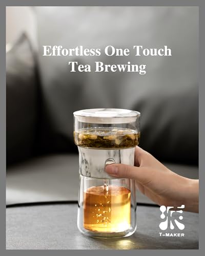Image of ZENS Modern Small Glass Infuser Teapot, Magic One Touch Drip Tea Pot Infusers for Loose Tea Diffuser, Cool Herbal Teapot with 200ml insulated Cup and Portable Gray Tea Kits for Tea Lovers Gifts