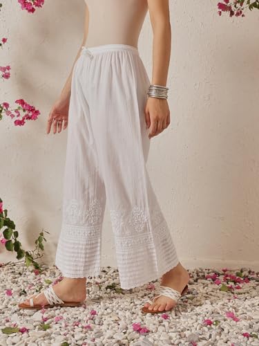 Ada Indian Hand Embroidered Chikankari White Cotton Palazzo Pant for Women A7111704