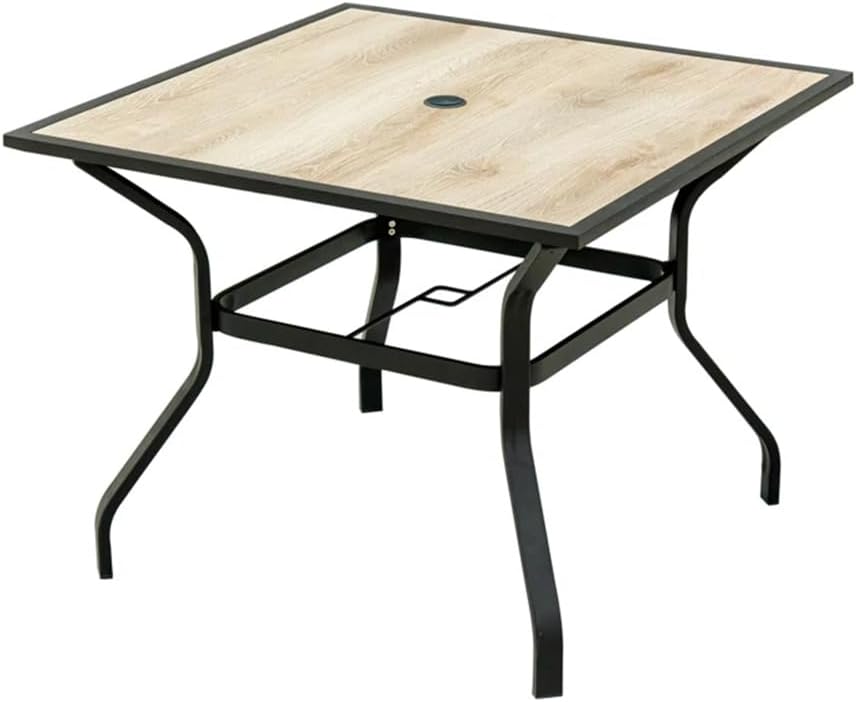 Outdoor Patio Dining Table Square Metal Table with Umbrella Hole and Wood-Look Tabletop for Porch,Garden,Backyard,Balcony(1 Table)