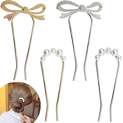4 PACK Pearl Rhinestone U Shape Hair Fork Sticks Updo Hair Bun Chignon Wedding Hair Pins Hair Styling Tool Bridal Hair Accessories for Women and Girls Cover