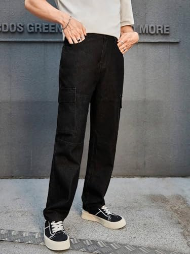 Image of KOTTY Men's Loose Fit Cargo Denim Jeans - Vintage Washed Utility Jeans with Side Pockets