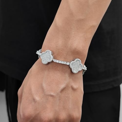 Men's Hip-Hop Spring Clasp Four-Leaf Clover Zircon Tennis Bracelet Silver or Gold Finish Available 7“ or 8” Length Versatile Fashion Accessory - Image 3