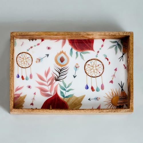 Image of SAAGA Rectangle Deep Dish Tray with Double Handle for Snack Serving in Attractive Prints - 12 Inch X 8 Inch - Mango Wood Kitchen Dining & Decoratives, Burnt Sienna