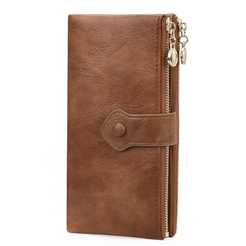 Image of GOIACII Wallet for Women Ladies Wallets Double Zippers Clutch Purse Brown | Bifold Ladies Card Holder,Zipper Pockets,Ladies Wallets,Vintage Wallets for Women