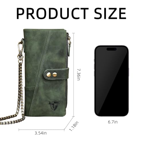 Image of Genuine Crazy Horse Leather Travel Gift Coin Pocket Card Case Long Organizer Chain Rfid Wallet Purse With Snap For Men Male 1803 1815 (1803 The Green2)