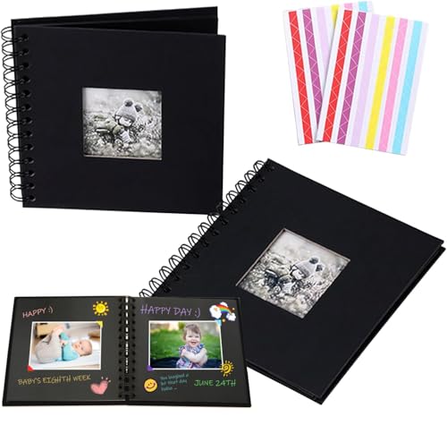 Álbum de recortes para fotos, paquete de 2 unidades, BetterJonny, cuadrado negro de 6 pulgadas con espiral y pegamento para esquinas, ideal para niños, adultos, bebés, manualidades, viajes, aventuras y parejas miniatura 1