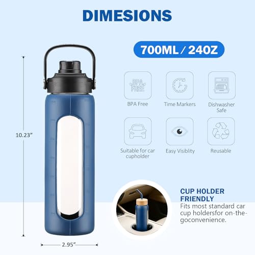 Image of 24 oz Glass Water Bottle with Straw - 2 Lids (Bamboo & Spout Lid), Motivational Borosilicate Glass Daily Water Intake Bottle with Time Marker, Silicone Sleeve for Gym Home Office-Navy Blue