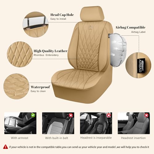 Image of CAR PASS Piping Luxury Leather Seat Covers Full Set,5 Seats Leatherette Anti-Slip Waterproof Seat Covers Compatible with Front Armrests,Universal Fit for Suvs,Vans,Trucks,Airbag Compatible,Pure Beige