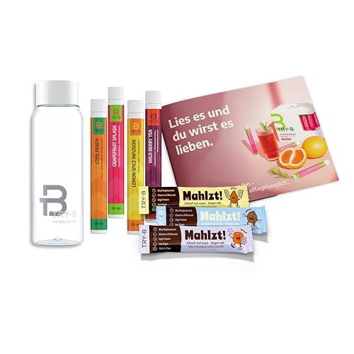 TRY-B Abnehmshake & Proteinriegel Bundle – 12 Diät Shakes & 3 Mahlzeitenersatz Riegel mit 25 Vitaminen & Mineralstoffen – Low Calorie Ernährungsdrink & Eiweißriegel – inkl. Trinkflasche & Booklet