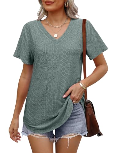 OFEEFAN Womens T Shirts V Neck Short Sleeve Casual Tops Loose Fit Basic Tees with Curved Hem2