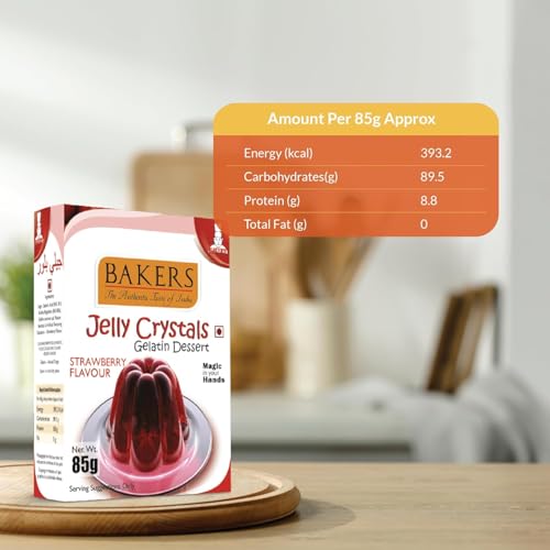 Image of BAKERS Jelly Crystals (Gelatin Dessert) | Strawberry Flavour | Authentic Strawberry Flavor | Easy-to-make | Instant Dessert Premix | No Sugar Needed | Pack of 4 (85 gm x 4)