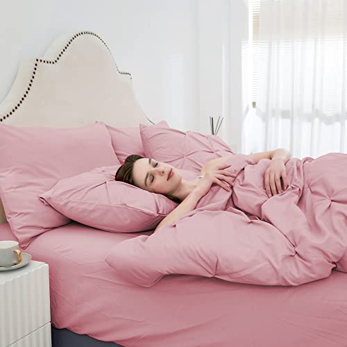 Ubauba 5pc Twin Size Comforter Set with Sheets, Pink Pintuck 5 Piece Bed in a Bag with Comforter, All Season Pinched Bedding Comforters & Sets (Pink,Twin)