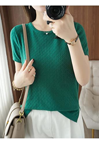 Image of Womens Short Sleeve Sweaters Tops Summer Thin Pullover Cotton Knit Shirt Crew Neck Lightweight Pointelle Blouse