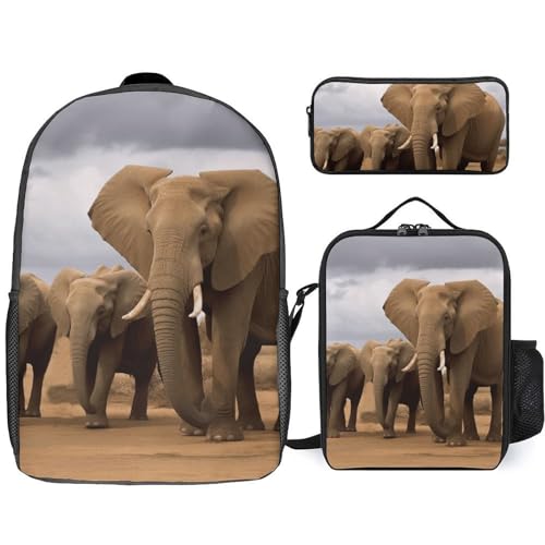 3 Piece Backpack for Women Men Lightweight Causal Daypack Shoulder Bag Set with Insulated Lunch Bag And Pencil Case Organizers Elephant Family