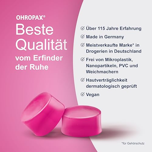 OHROPAX Silence Ohrstöpsel – pinke VOR-Ohr-Stöpsel aus formbarem Silikon – dermatologisch getestet – für alle Ohren geeignet – Schalldämmwert SNR 23 dB – zum Schlafen, Lernen und für Party – 6 Stück