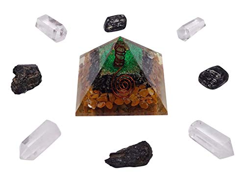 HARMONIZE Yellow Jasper Pyramid Healing Crystal with Copper Chakra Symbol Positive Energy Generator -EMF Protection Yoga Meditation Home Gifts