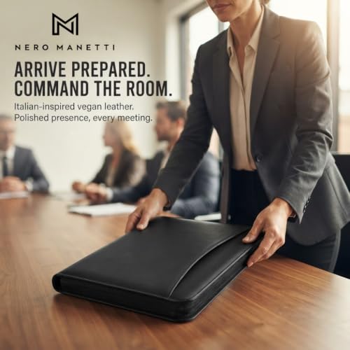 Image of NERO MANETTI- Zippered Vegan Leather Padfolio /Portfolio Pad Holder-Business PU Leather Notepad Folder for Resumes, Interviews, iPad /Tablet, Phone, Legal Pad Notebook Executive Binder for Women, Men