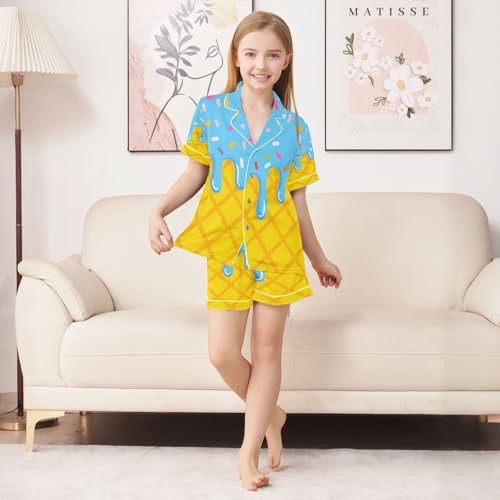 ALAZA Yellow Blue Ice Cream Satin Pajamas Set Short Sleeve Button Down Sleepwear Summer Pjs 2 Piece3