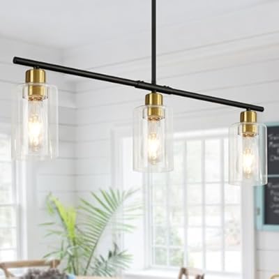 WILON Kitchen Island Lighting, 3 Lights Black Gold Pendant Lighting with Glass Shades Pendant Lights for Kitchen Island Adjustable Farmhouse Chandeliers for Dining Doom E26 Base Modern Hanging Light