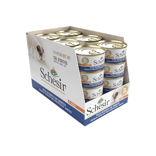 Schesir, Nassfutter für Erwachsene Hunde mit Meeresfisch und Thunfisch, aus weichem Gelee (24 Dosen à 85 g)