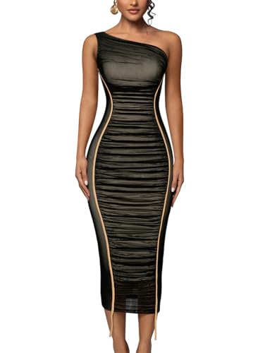 LAGSHIAN Women's Sexy Bodycon Cocktail One Shoulder Sleeveless Mesh Ruched Midi Party Dress