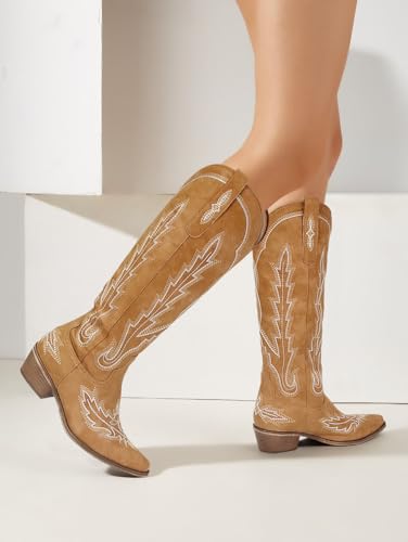Image of STALOV Cowboy Boots for Women Pull On Chunky Heel Boots Knee High Cowgirl Boots Western Pointed Toe Boots Embroidered Suede Boots