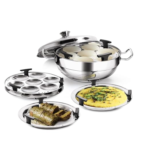 MILTON Pro cook Stainless Steel Multipurpose Kadai with Lid (2 Regular Idli Plate; 1 - Mini Idli Plate; 1 - Steamer Plate; 2 - Dhokla Plate) All-in-One Multi Pot/Kadhai Induction & Gas Friendly