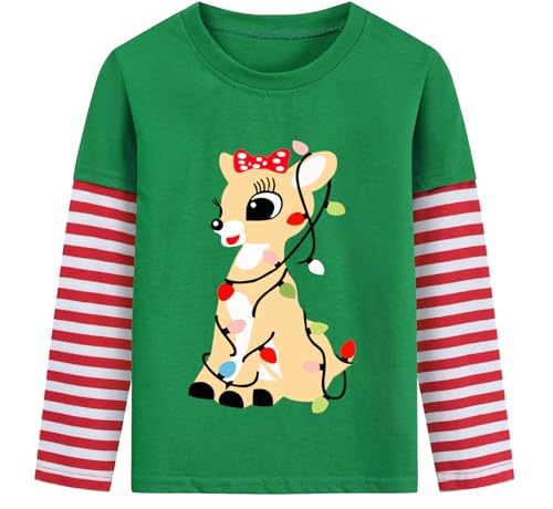 Toddler Girl Christmas T-Shirt Kid Xmas Ugly Reindeer Santa Claus Snowman Shirt Long Sleeve Strip Patchwork Cooton Tee Top
