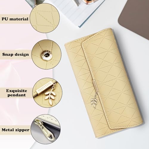 Clutch Wallet for Women, Women's Wallets with Leaf Pendant Decoration, Fashionable Triple Fold Ladies Wallet with Diamond Pattern for 9 Card Slots and ID Slot (Pink)3