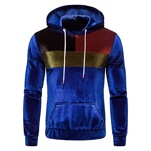 Maiyifu-GJ Men's Color Block Hooded Velour Jacket Casual Long Sleeve Velvet Velour Hoodies Retro Hip Hop Sweatshirt Pullover (Blue,Large)